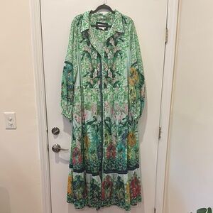 Anthropologie Green Resort Wear Dress with Bishop Sleeves and Notched Collar
